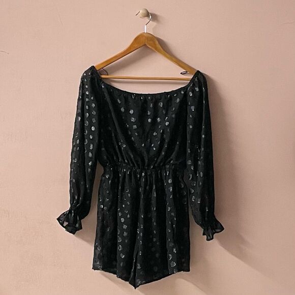 Vintage Y2K Express Black Polka Dotted Long Sleeve Romper Size S EUC - Picture 2 of 12